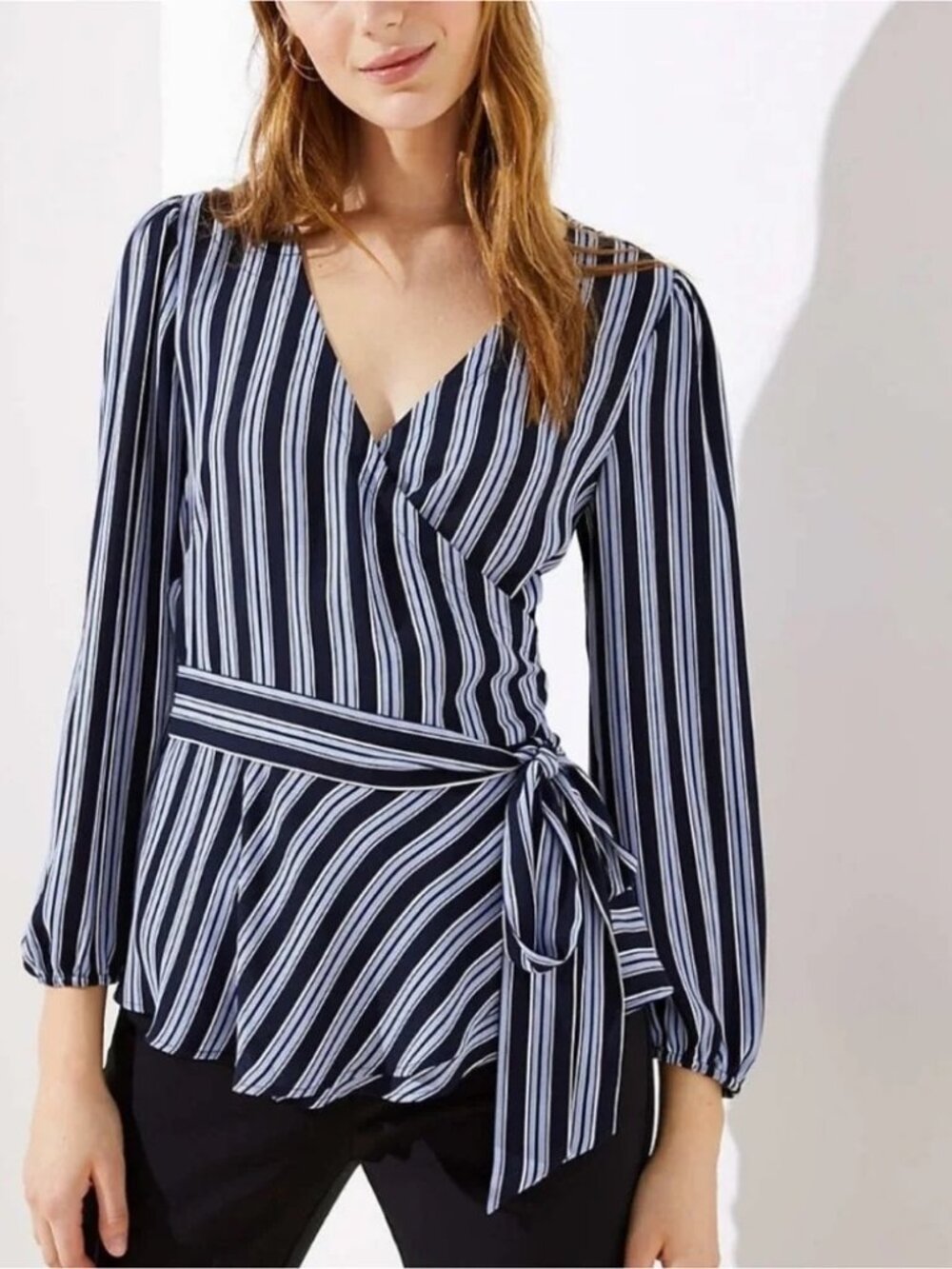 LOFT blue striped wrap shirt blouse top | Size XXSP